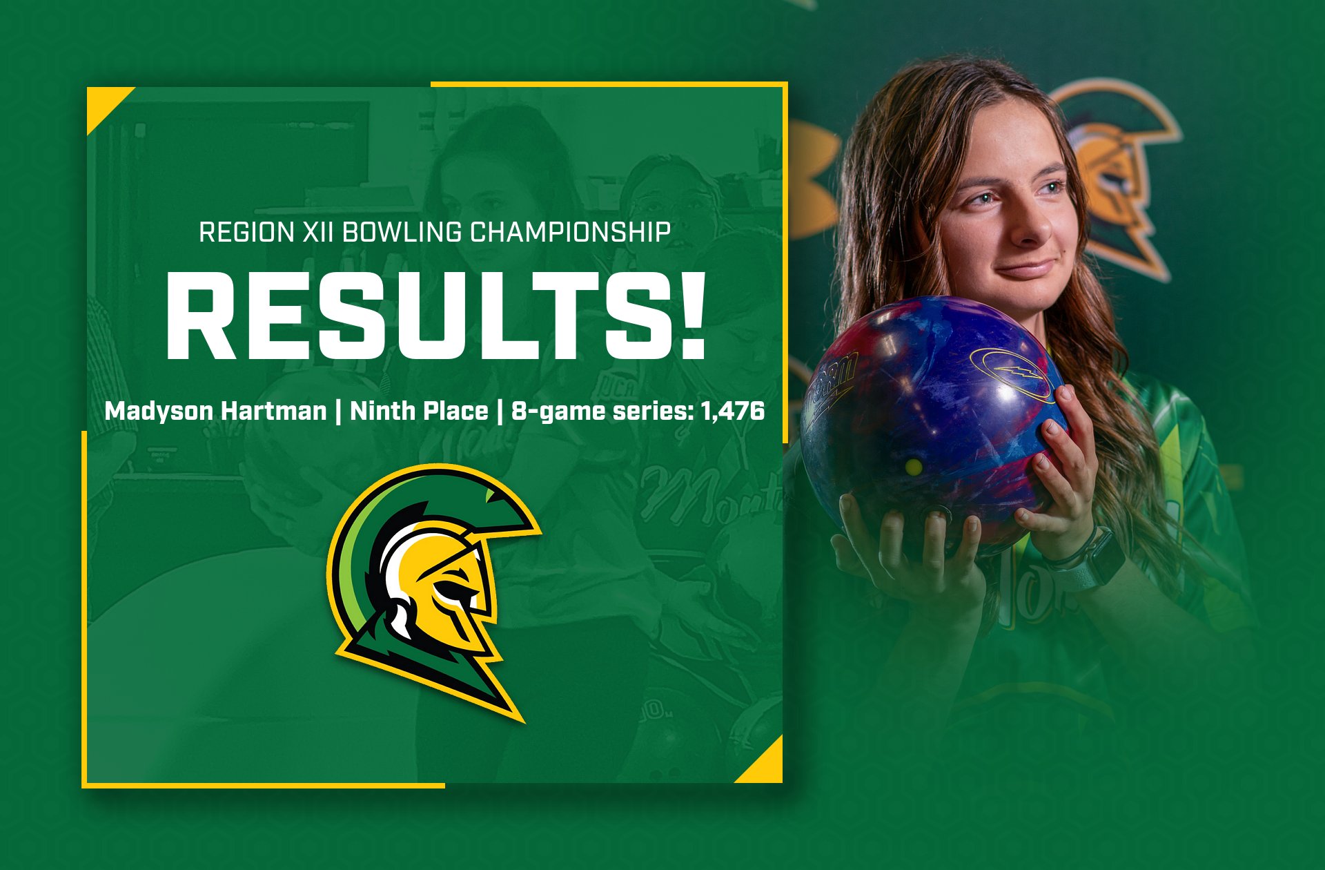 Image of student athlete holding bowling ball with text 
