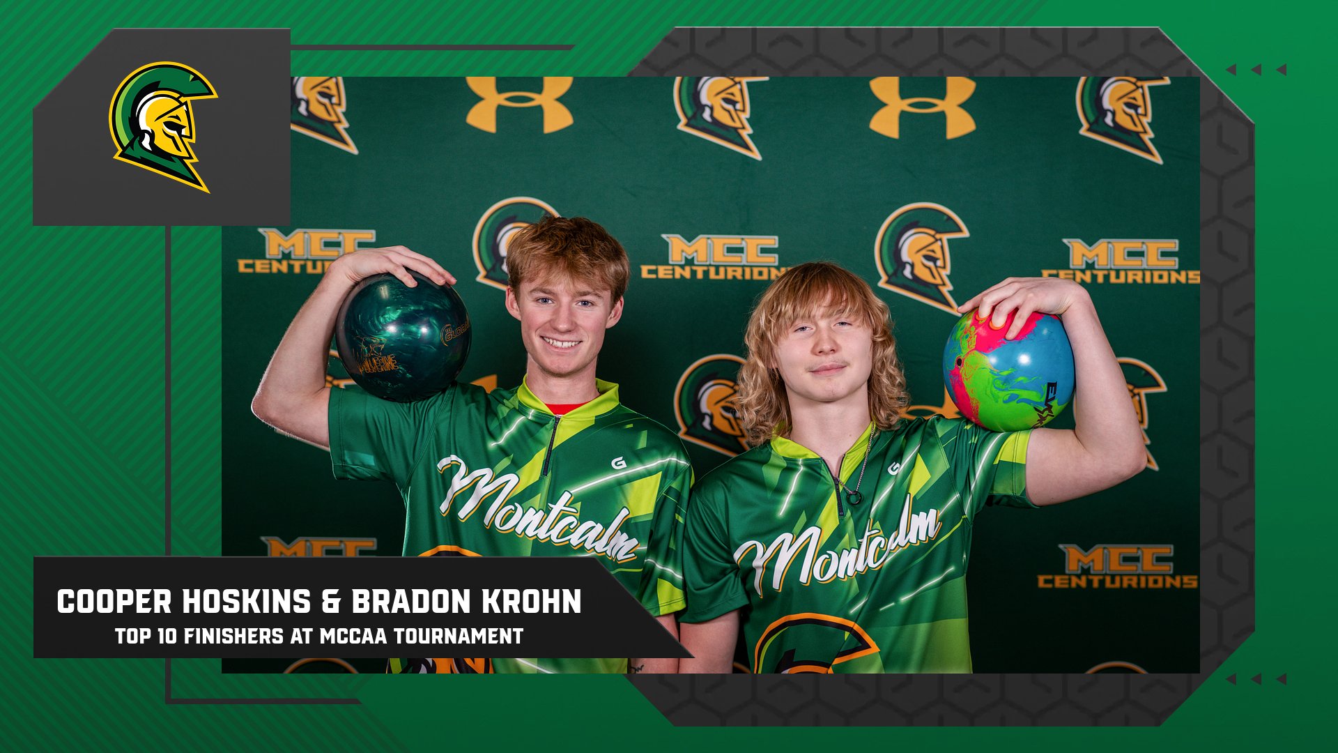 Two MCC men's bowling team members holding bolwing balls and smiling at the camera.