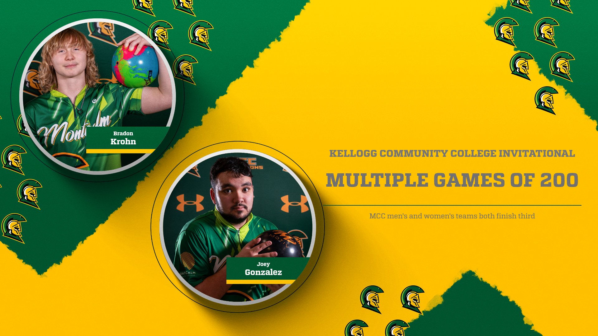 Graphic with two headshots of men's bowling team members with words 