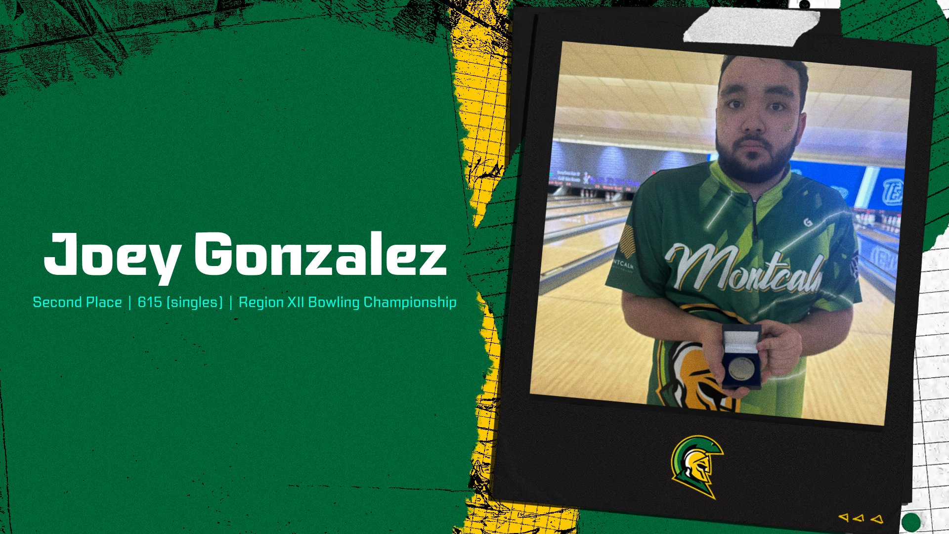 Graphic with image of MCC men's bowler holding a medal. Text on the graphic says 