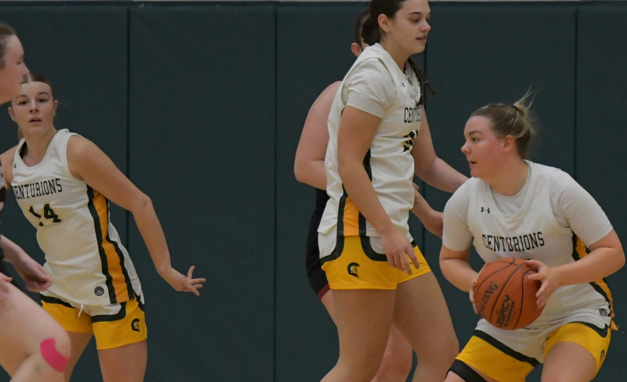 The Montcalm Community College Centurions women&rsquo;s basketball team lost its final game of the regular season at Kirtland Community College, a 63-49 loss, Wednesday, Feb. 25. The team is now preparing for its first postseason appearance in the NJCAA tournament, and will play Delta College at University Center, Michigan, Tuesday, March 3. Pictured, from left, are MCC&rsquo;s Kendall Stout, Kennedy Schilling and Emma Kosinski. &mdash; Montcalm Community College | Laurie Shaffer