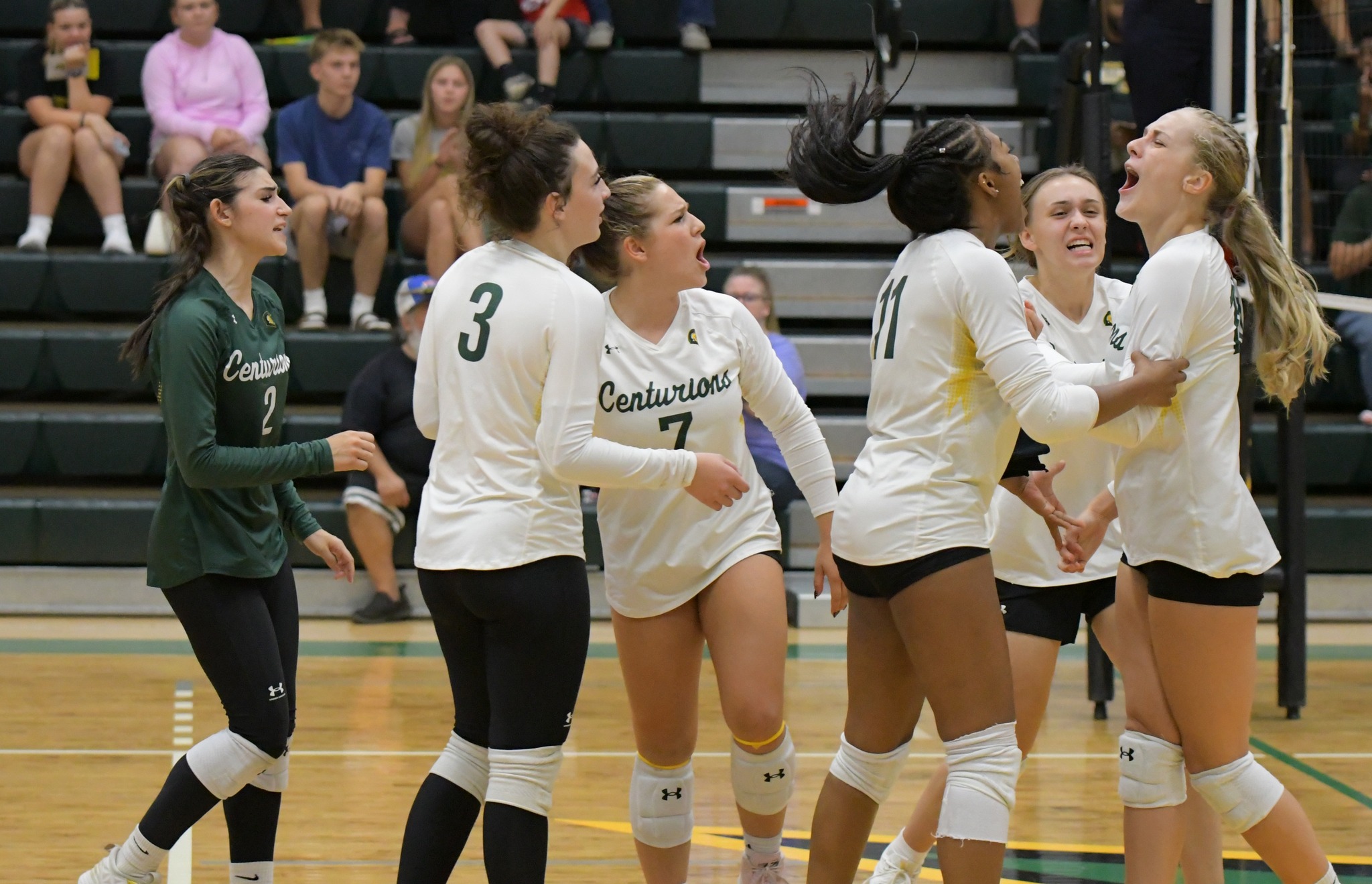 The MCC women's volleyball team celebrate together on the court during a game.