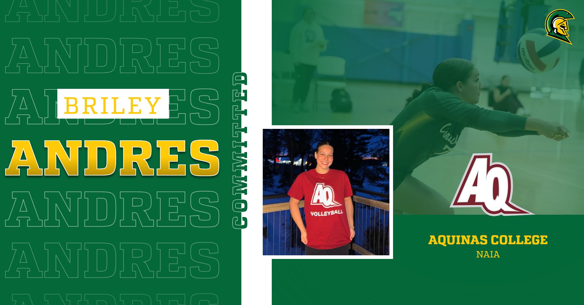 Graphic with image of Briley Andres wearing a red shirt with the Aquinas College logo on it. The graphic text reads 