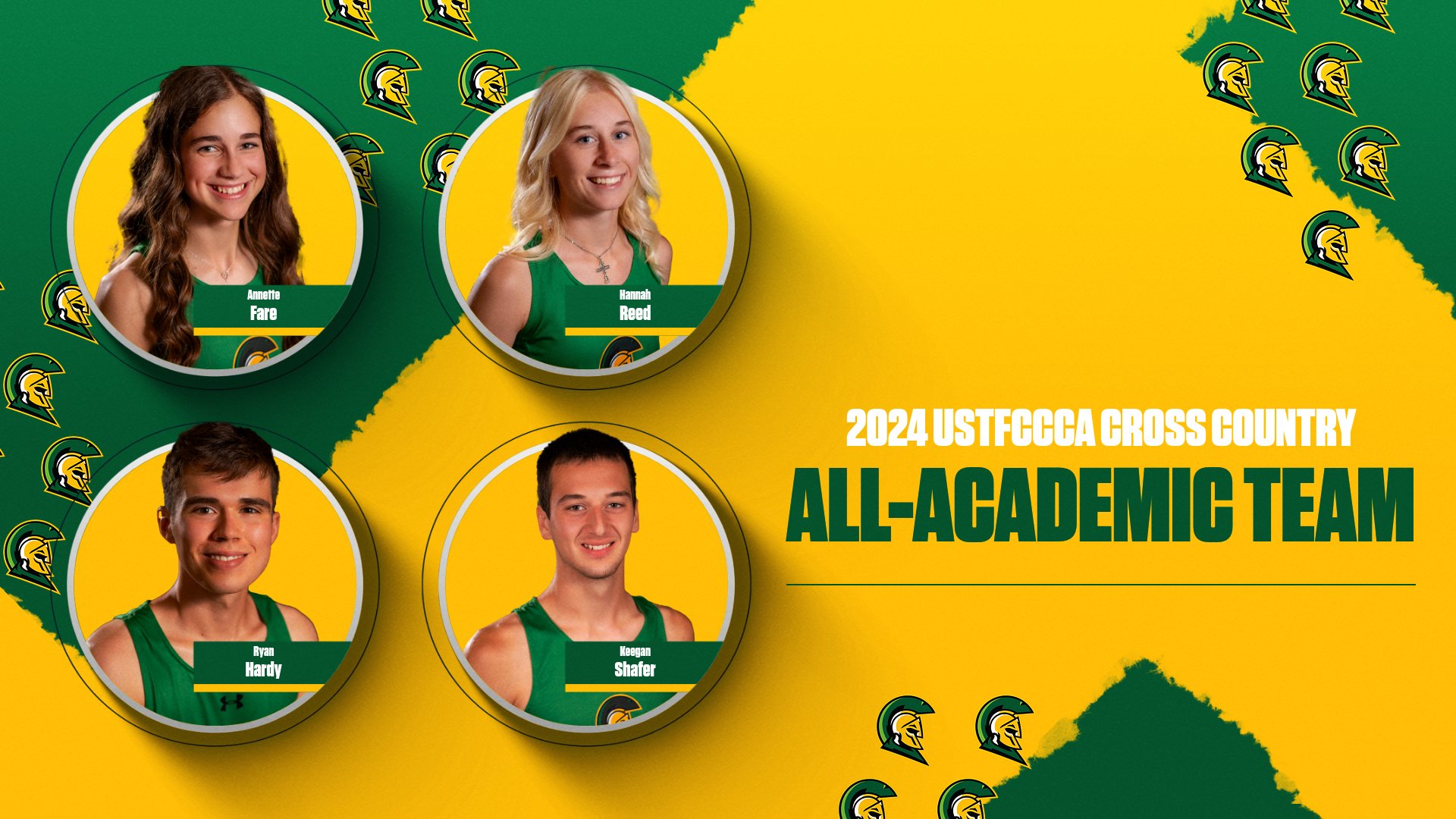 Two female and two male cross country runners pictured next to text that says 2024 USTFCCCA Cross Country All-Academic Team.